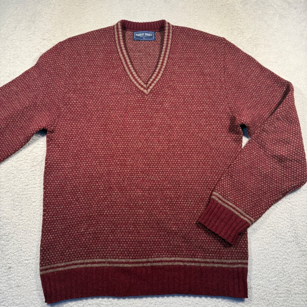 Vintage 90s Robert Bruce Mens V-Neck Wool Sweater L Burgundy‎ Tan Made in USA